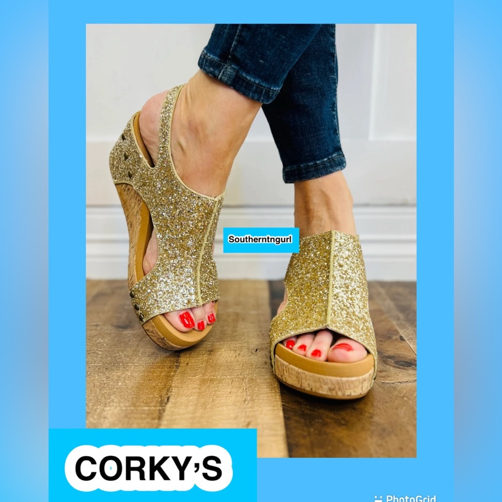 NWT  CORKY'S   Carley " Gold glitter " Wedges Heels
Sandals